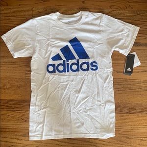 white Adidas t-shirt with blue logo
